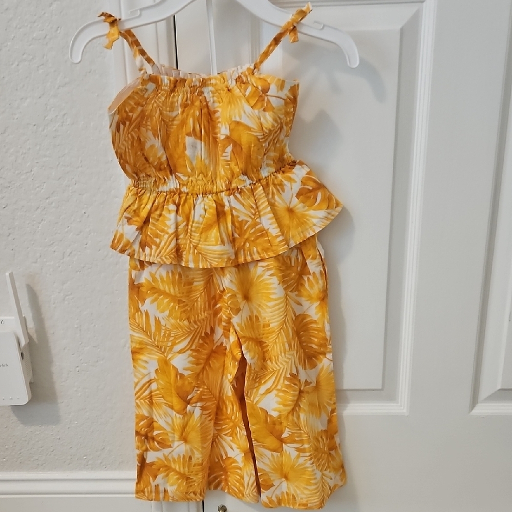 Yellow Leaf Print Kids Two Piece Set